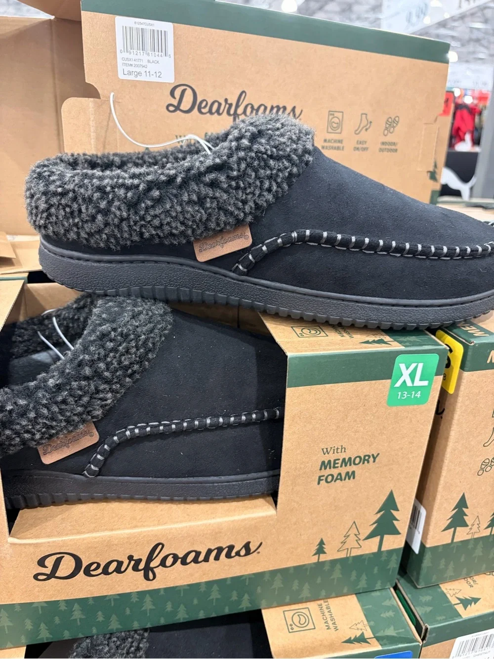 dearfoams Men’s Black Faux-Shearling Moccasin Slip-On memory foam new
